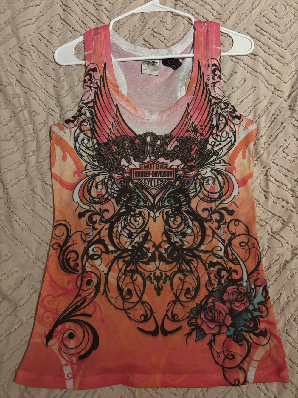 Harley-Davidson Women's Pink and Orange Graphic Tank with Black Emblem